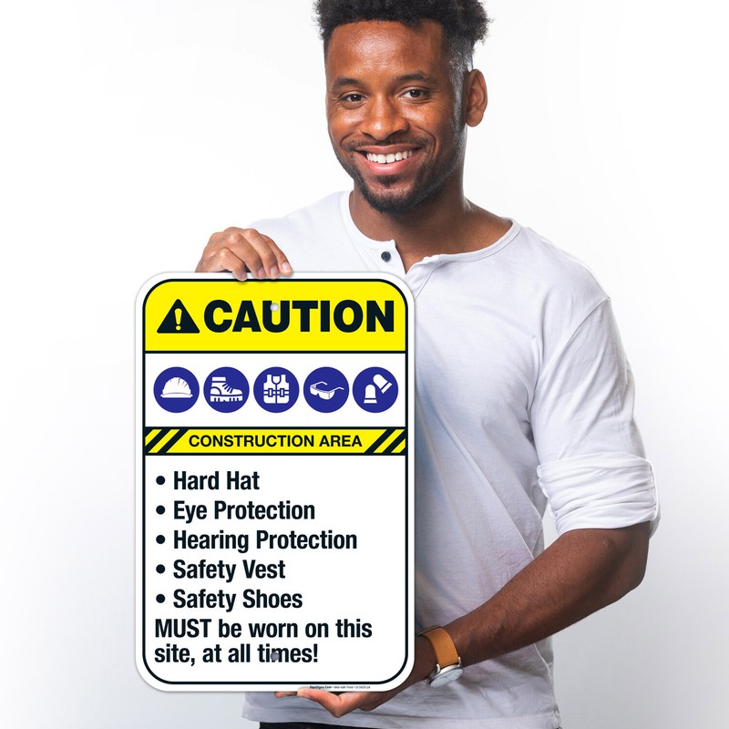 Hard Hat Eye Protection Hearing Protection Safety Vest Sign, ANSI Caution Sign, gallery