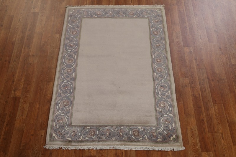 Bordered Beige Handmade Indian Rug Wool Nepalese Bedroom Carpet 4x5 ft. gallery