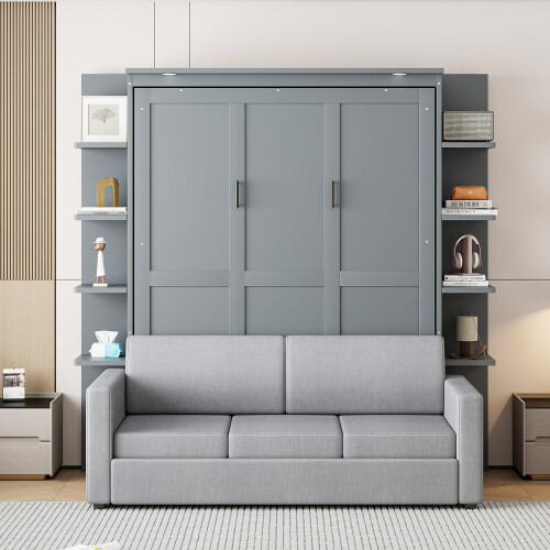 Queen Size Murphy Bed Wall Bed with Sofa Shelves and LED Lights Wood Hidden Beds gallery