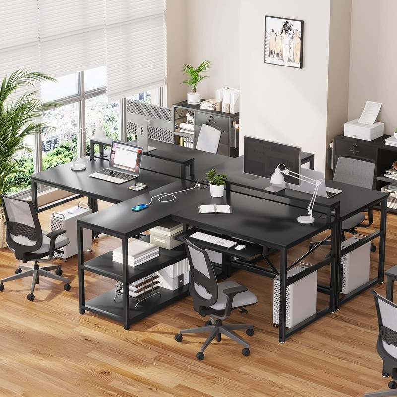 Home Office Work Table Black Computer Desk Two Person Gaming Desk with LED Light gallery