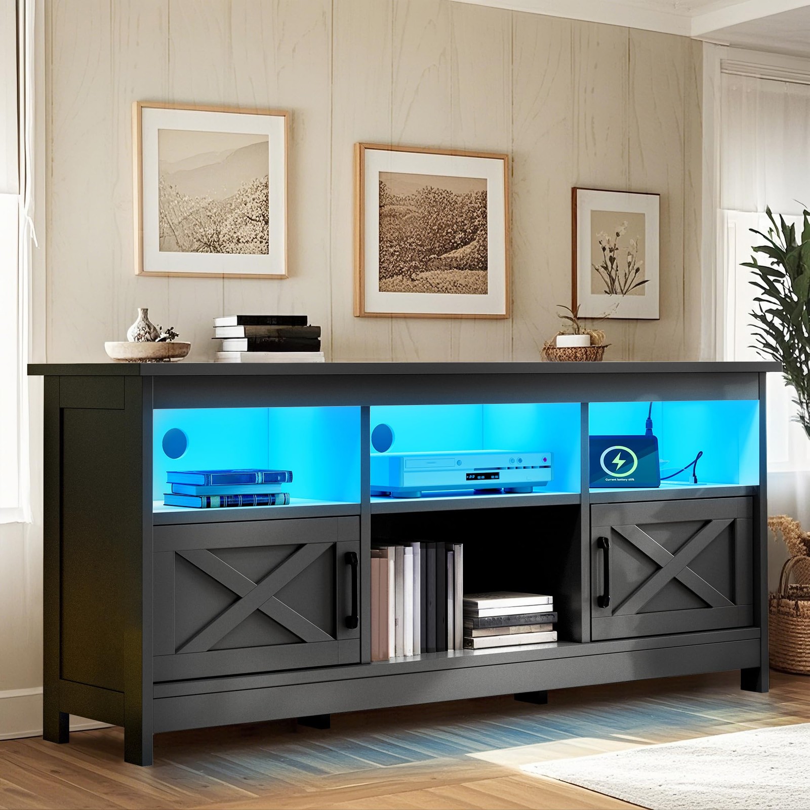 TV Stand 65 Inch Entertainment Center Storage Power Outlet LED Black YITAHOME gallery