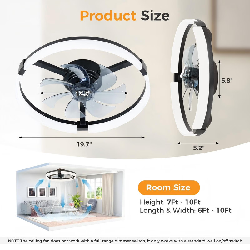 CONCETTA 19in Low Profile Flush Mount Ceiling Fan Dimmable LED Light Remote App gallery