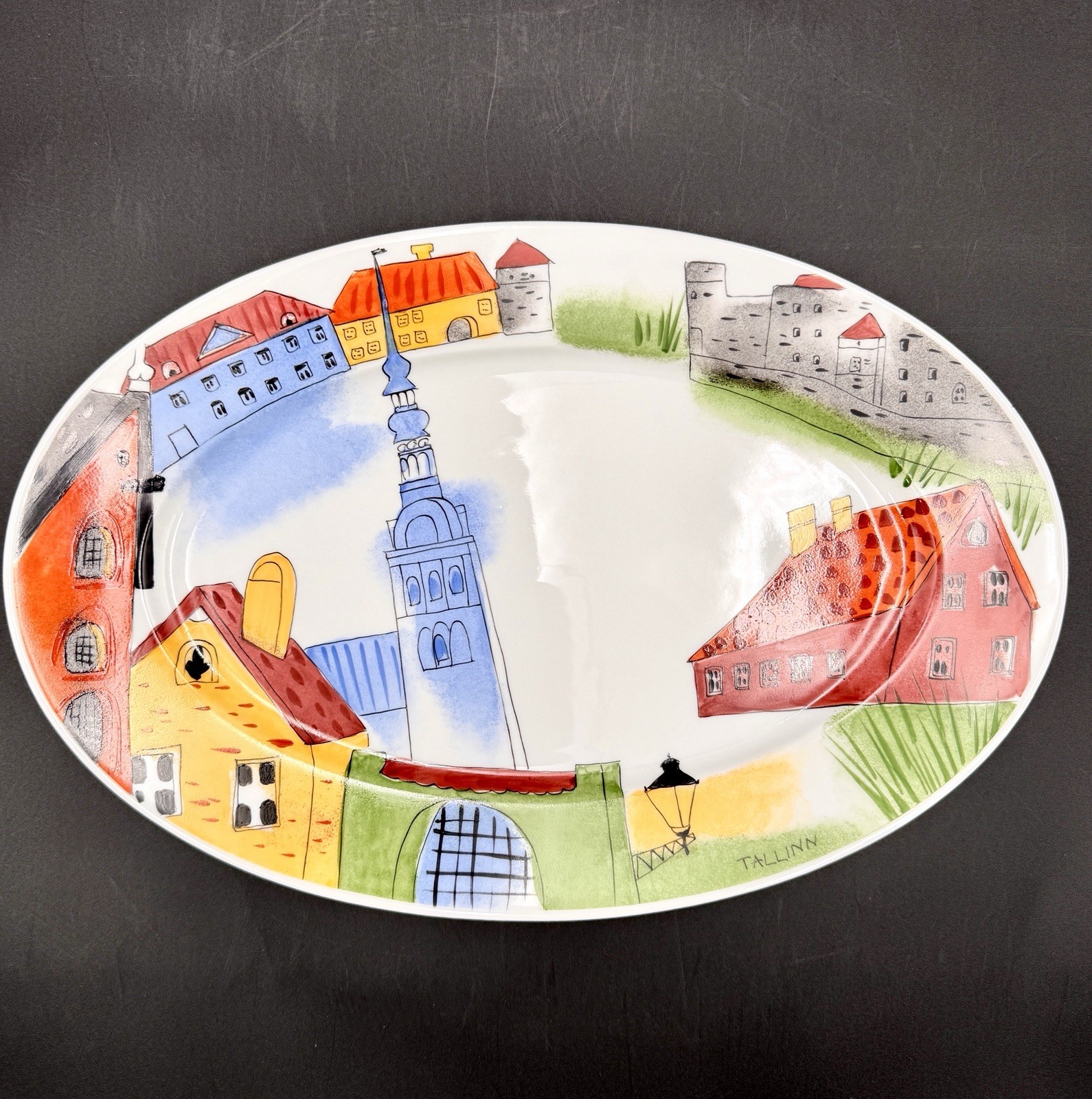 Helina Tilk Hand Painted Ceramic 13" Oval Platter Estonia Old Town Tallinn gallery