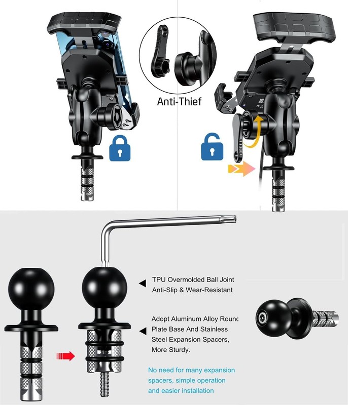 Motorcycle Fork Stem Phone Mount Wireless/USB C Charger with RAM 1" Ball Fits gallery