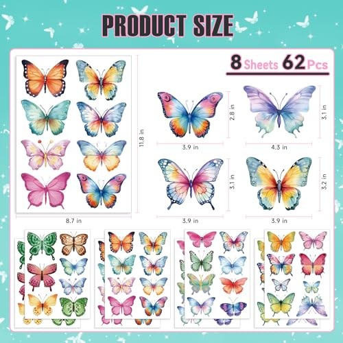 Wall Stickers - 8 Sheets 62 Pcs Watercolor Wall Decals Peel and Stick Butterfly gallery