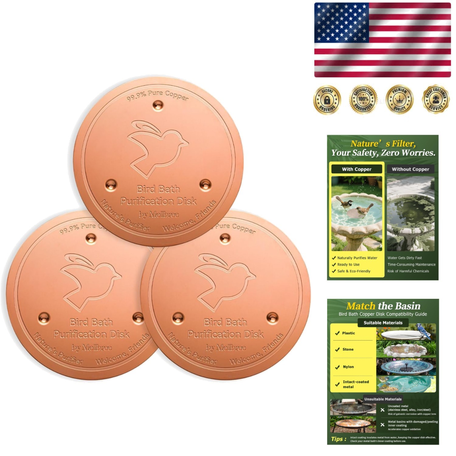 3-Pack 99.99% Pure Copper Bird Bath Cleaner Disks – All-Season Water Purifier gallery