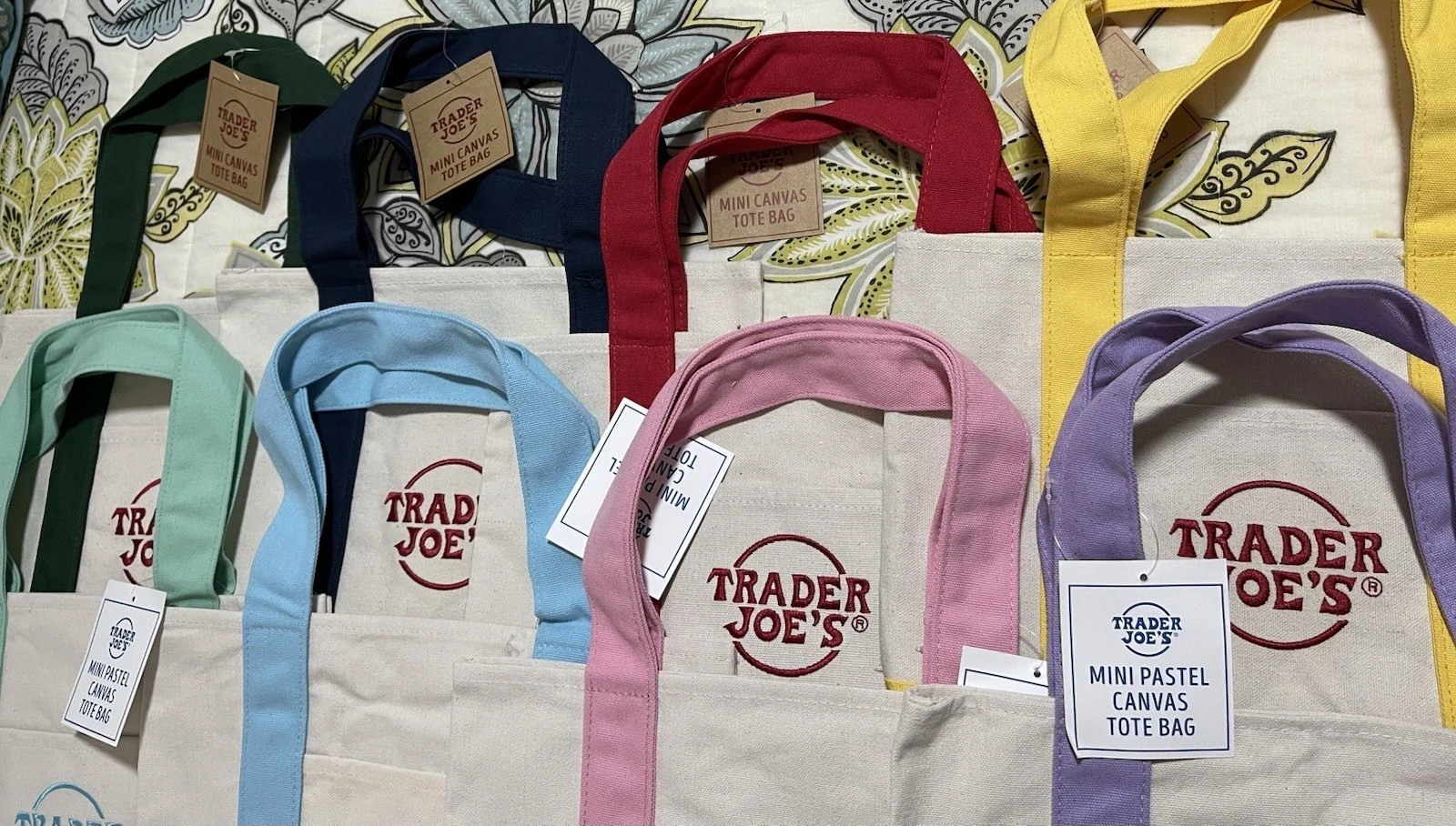 Trader Joe's Mini Canvas Reusable Tote bags, SET of all 8, Basic and Pastel, NWT gallery