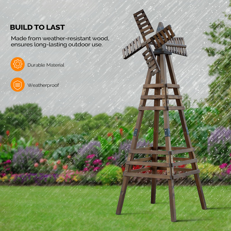 6FT Wood Windmill Backyard Garden Decoration Weathervane Freestanding, Brown gallery