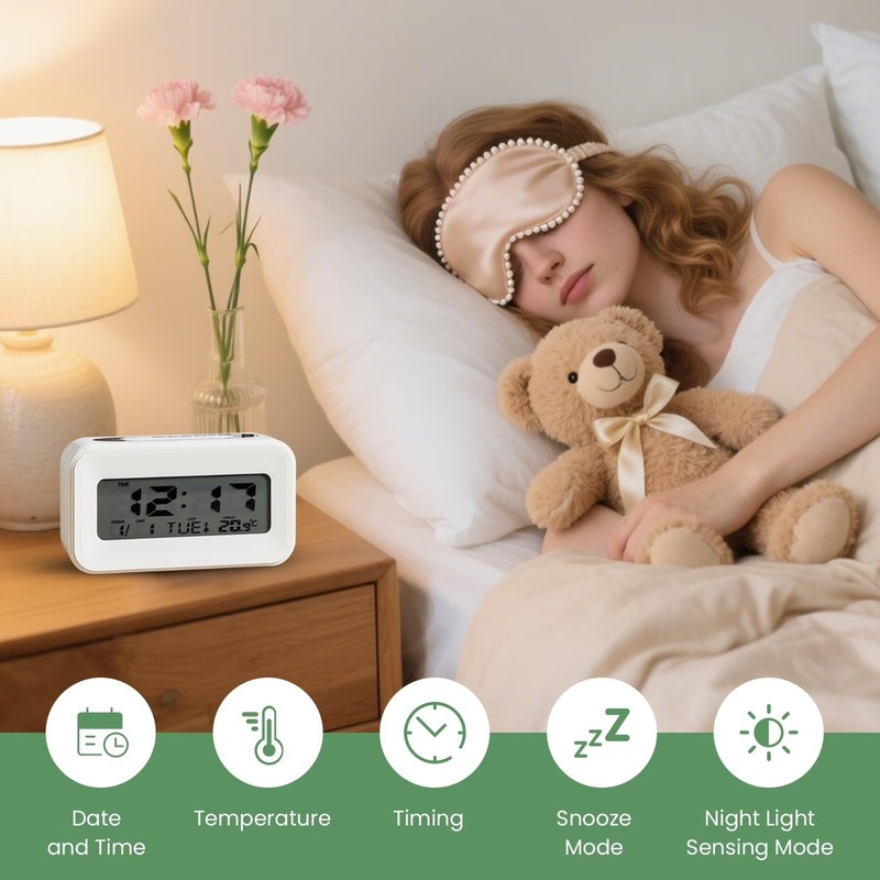 White Digital Alarm Clock with Temperature Date Weekday Display Battery Operate gallery