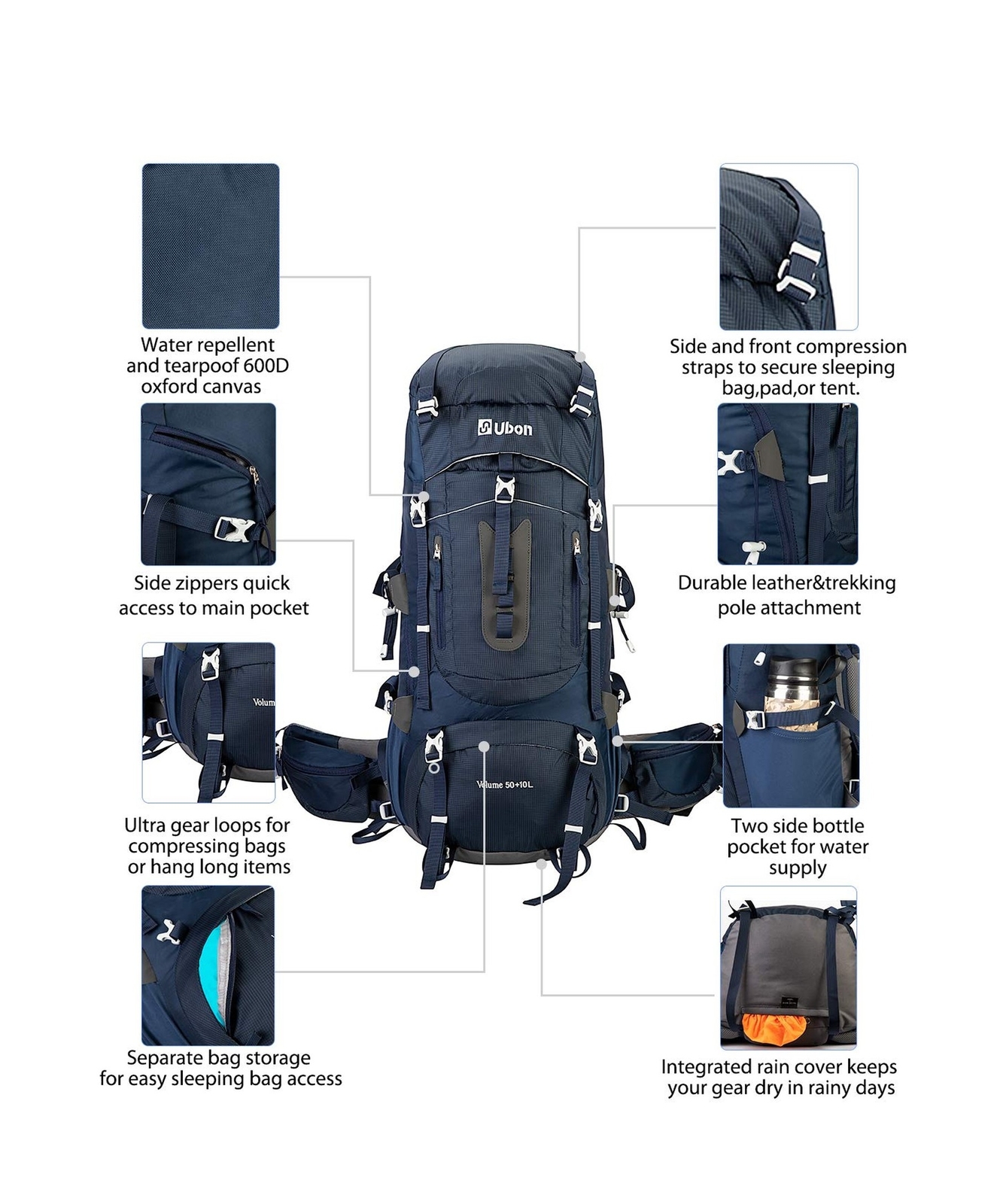 Ubon 60L Internal Frame Hiking Backpack Waterproof Camping Backpack with Rain... 5