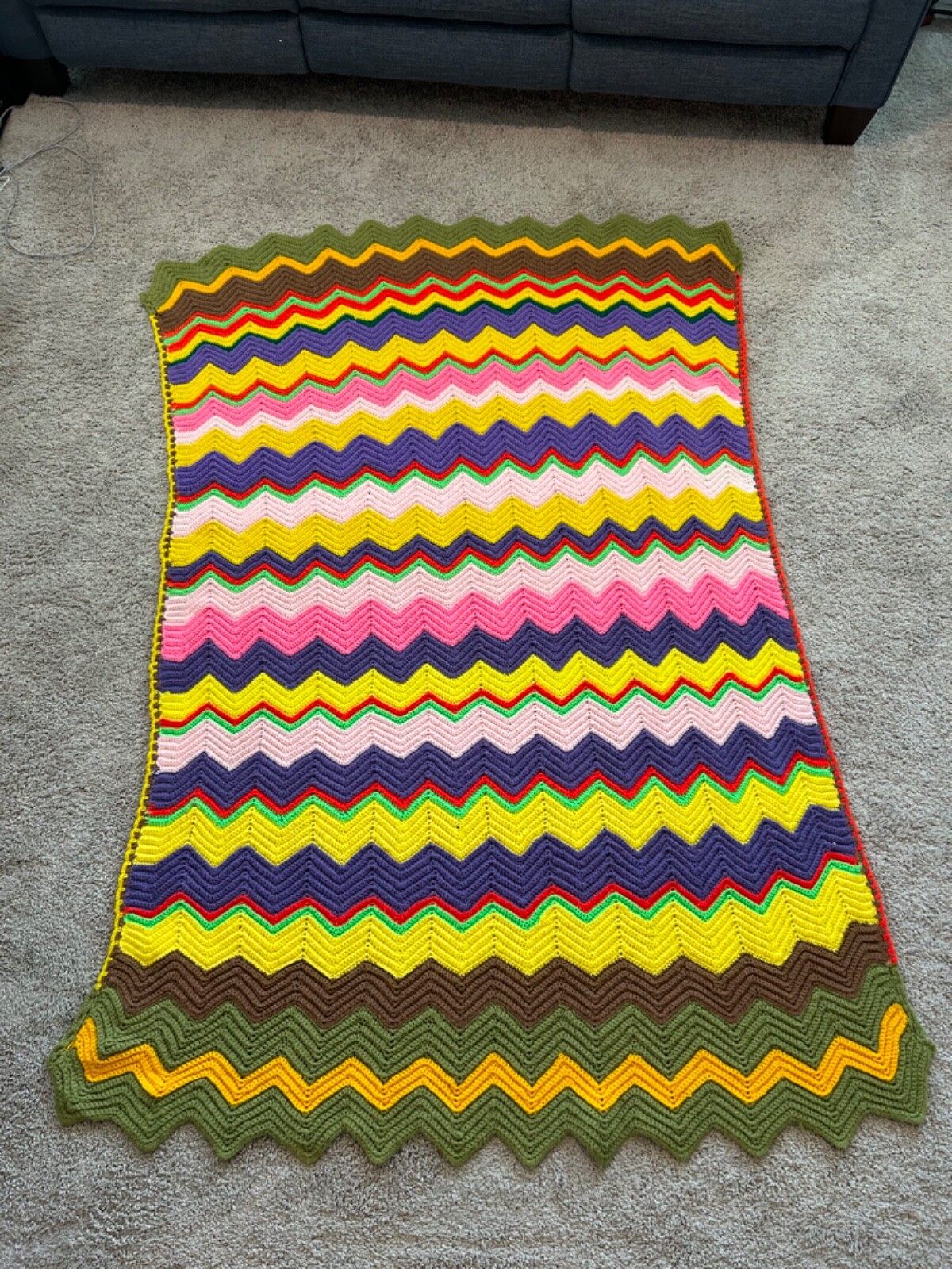 VTG Multicolor Handmade Crochet Zig Zag Afghan Throw Lap Blanket 46" x 75" gallery