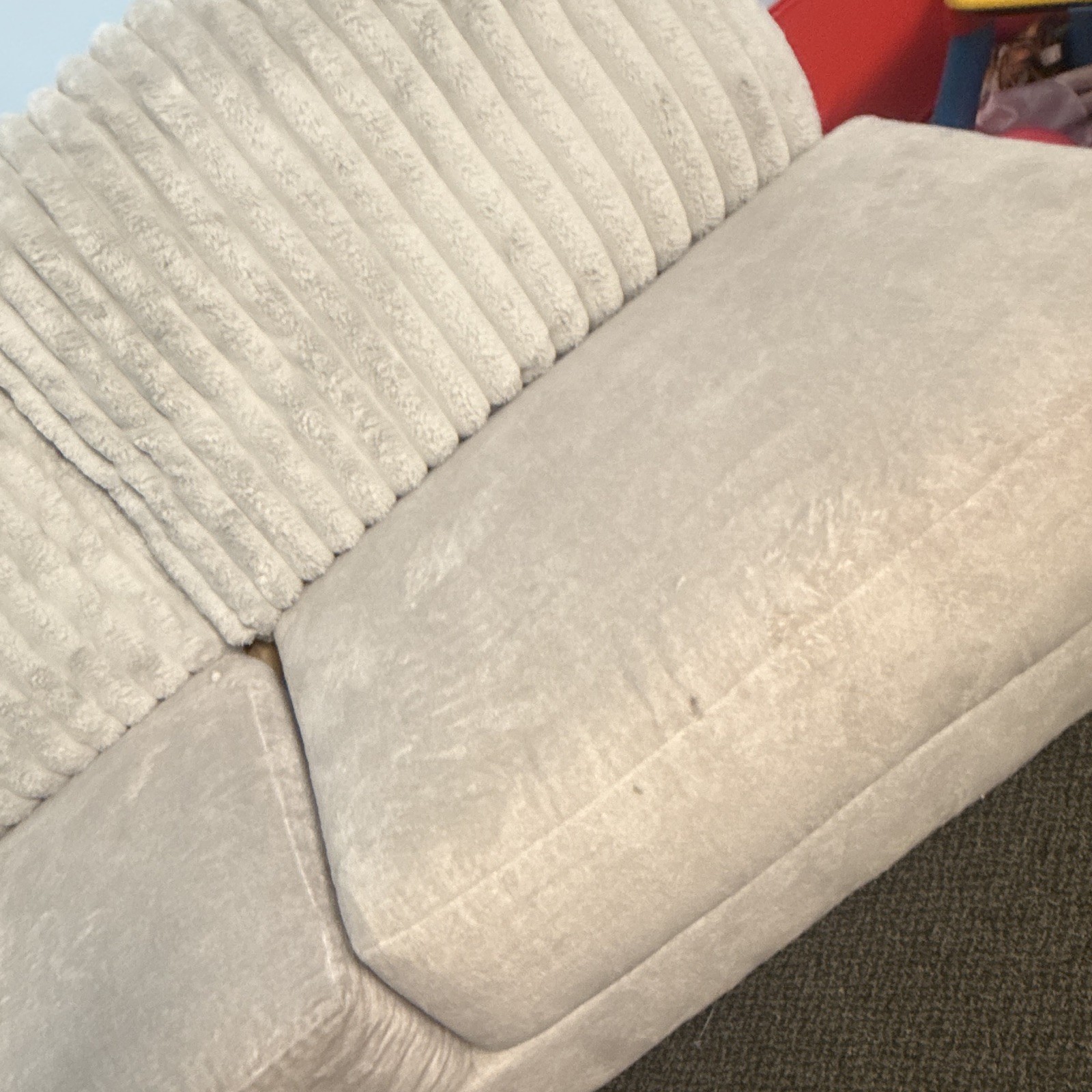 Beige Velvet Sofa Couch, Ribbed Cushion Back, Removable Cushions, 70in gallery