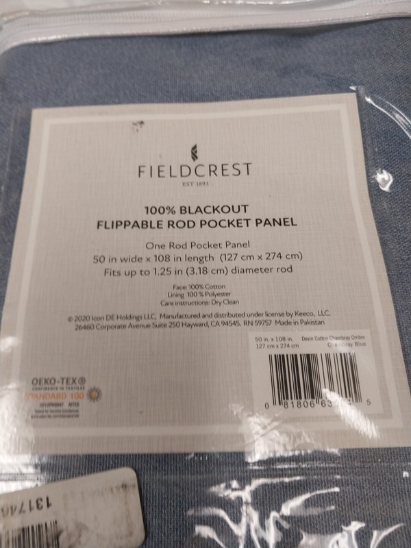 Fieldcrest Devin Cotton Chambray Blue S 100% Blackout Lining Panel 50in x 108in gallery