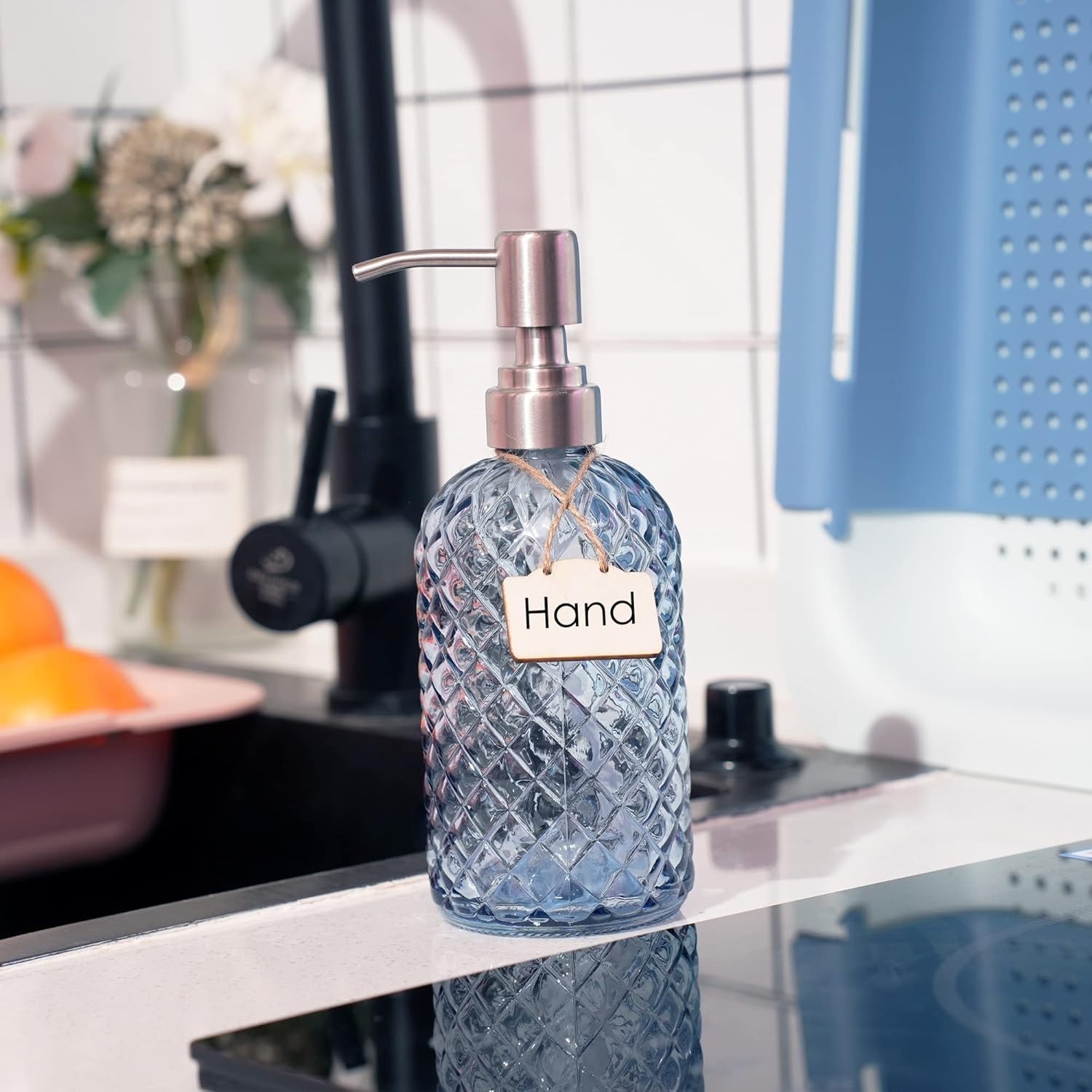Glass Soap Dispenser for Bathroom & Kitchen - 304 Stainless Steel Pump, Blue gallery
