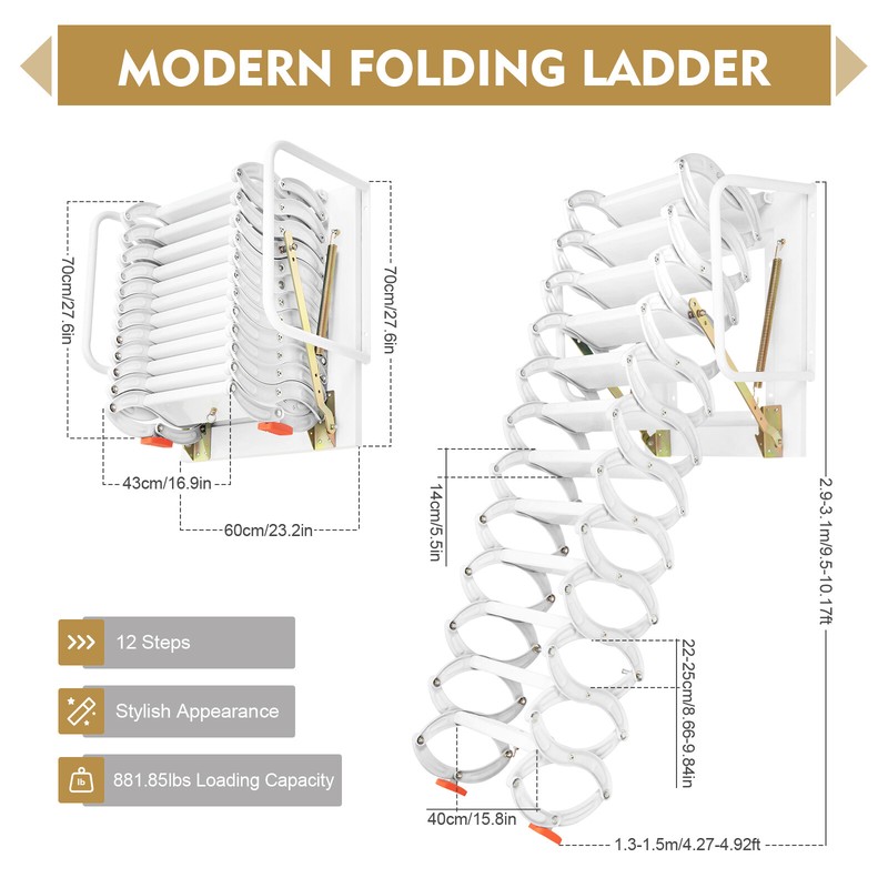 10ft Attic Ladder Folding Loft Ladder 12 Steps Stair Pull Down Ladder Wall-Mount gallery