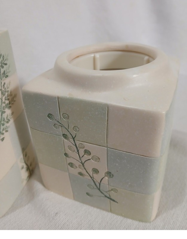 Bathroom Set Soap Dispenser & Dixie Cup Dispenser Hand Painted Ceramic Green gallery