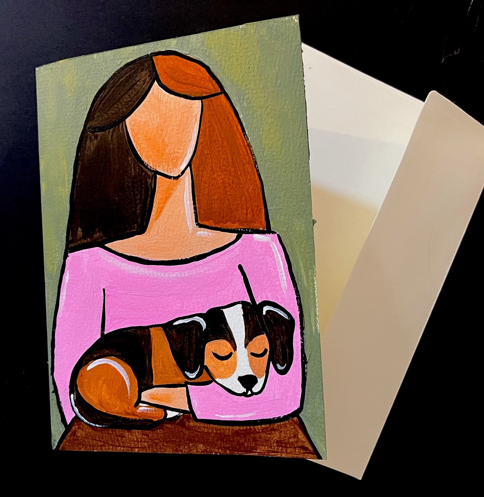 Beagle & Lady Hand-Painted Original Framable Blank Greeting Card 5x7” W/Envelope gallery