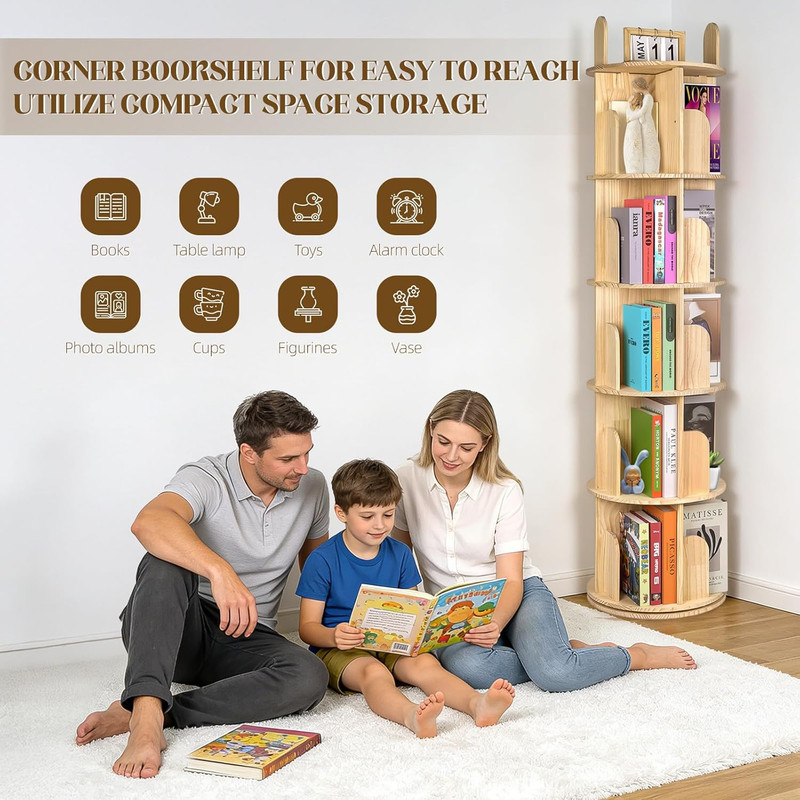Rotating Bookshelf, Solid Pine Wood Spinning Bookshelf Tower 5 Tier, 360° Revolv gallery