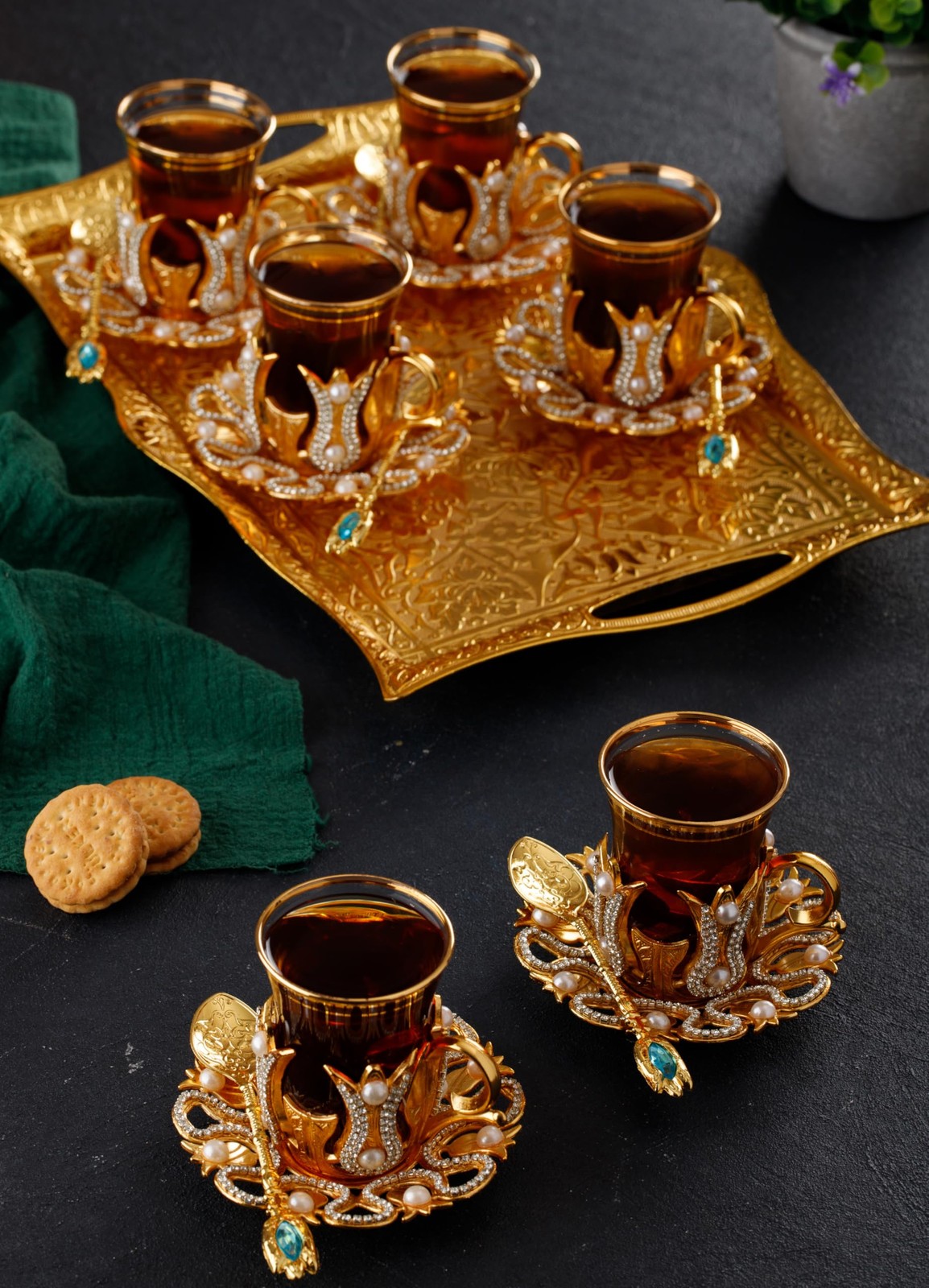 Engraved Turkish Tea and Coffee Serving Tray - Decorative Gold Rectangular Tr... gallery