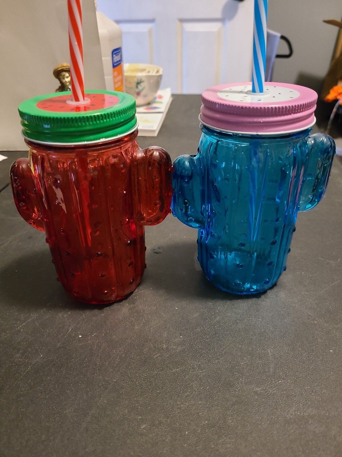 Cactus Jar Red And Blue With Straw And Screw Top Lid Glass. 5.5 Inches Tall. gallery