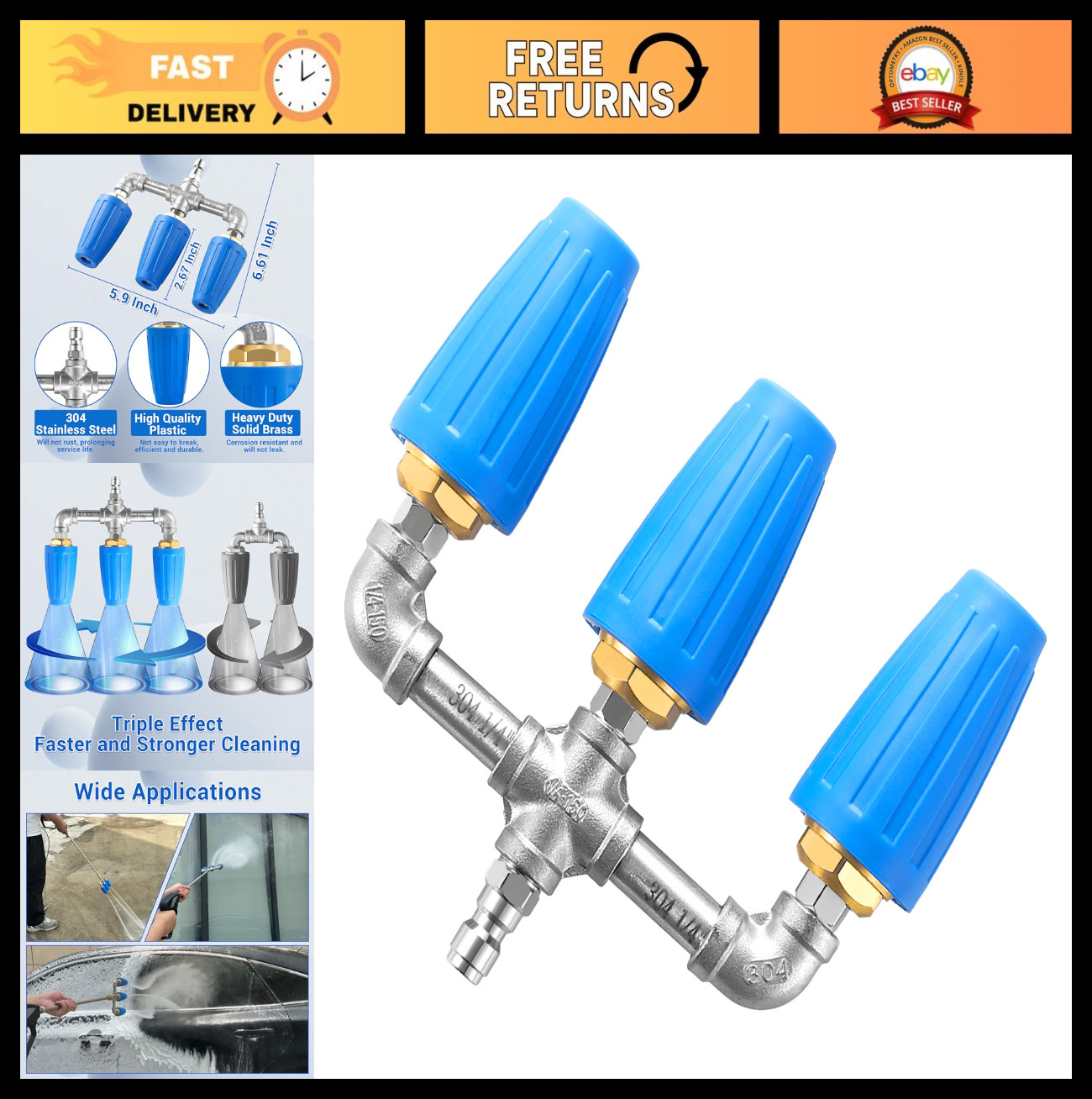 Triple Turbo Nozzle for Pressure Washer - 360° Rotating, 1/4" Quick Connector, 4 gallery