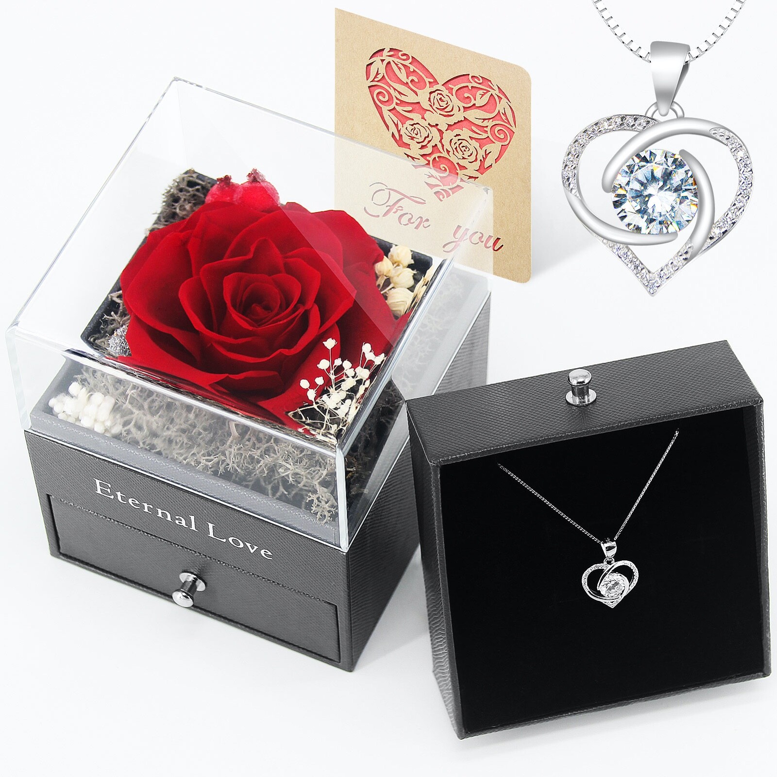 Preserved Eternal Real Rose Flower Gift Box With 14K Gold Plated Silver Necklace gallery