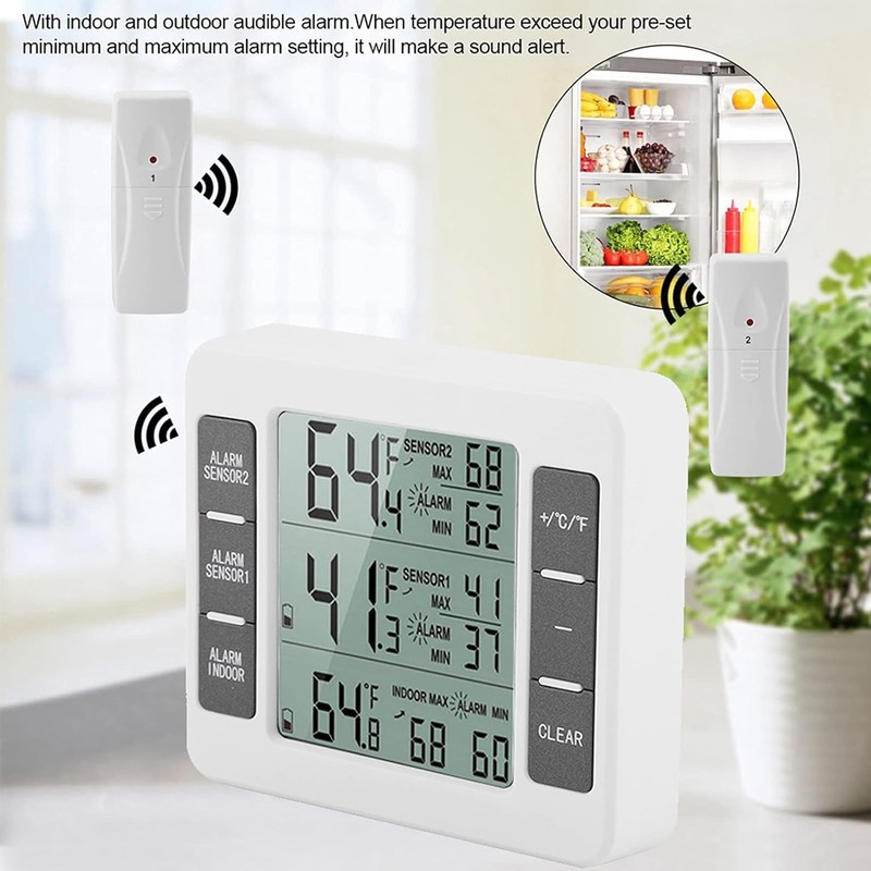 Wireless Digital Refrigerator Freezer Thermometer Temp Alarm 2 Sensor In/Outdoor gallery