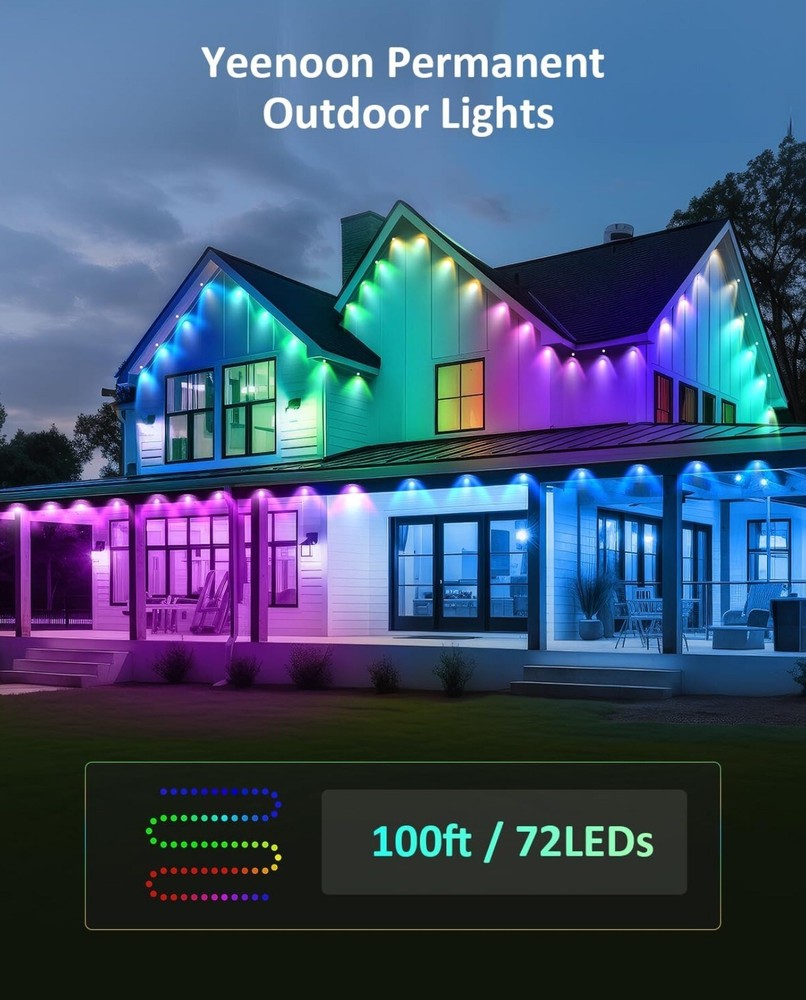 Permanent Outdoor Lights 100ft with 72 Dual-LED RGB