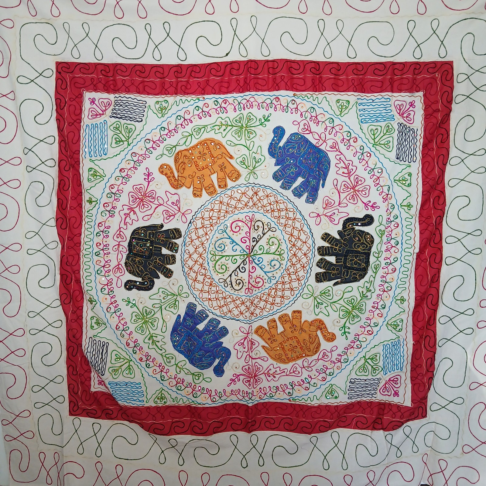 India Tapestry Cotton Bedspread Embroidered Elephant Full Size Sequin 82x83 gallery
