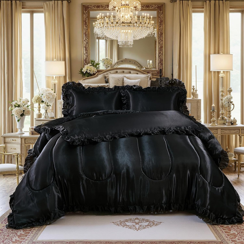 Satin Queen Comforter Set Silk like Satin Bedding Set Hotel Soft Polyester Black gallery