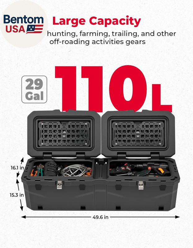 UTV Bed Box, Upgraded 110L Lockable Weatherproof Storage Box 29 US Gal Dual Lid, gallery