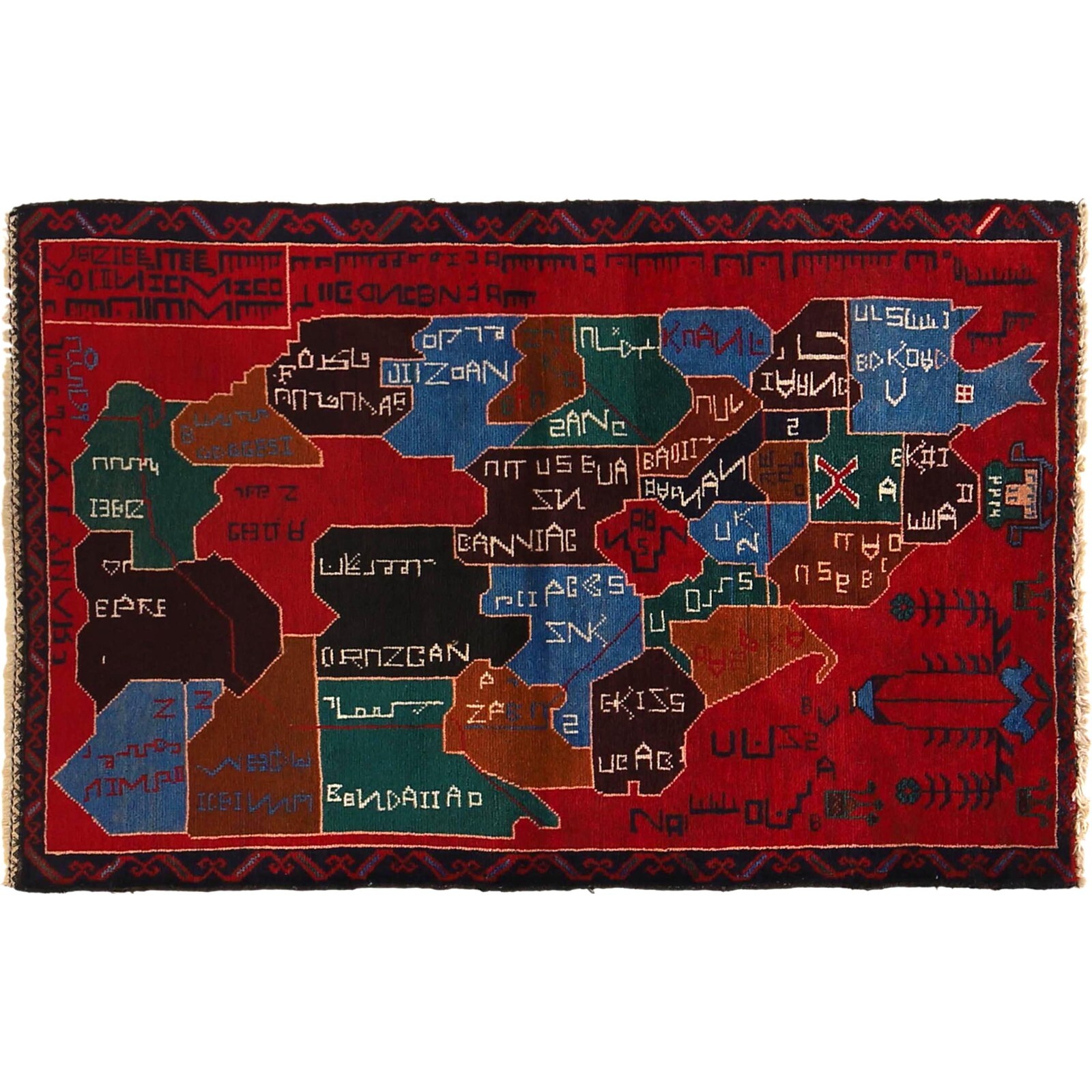 Red Map Pictorial Design Afghan Handmade Oriental Wool Decor Rug 2'10x4'5 G15292 gallery