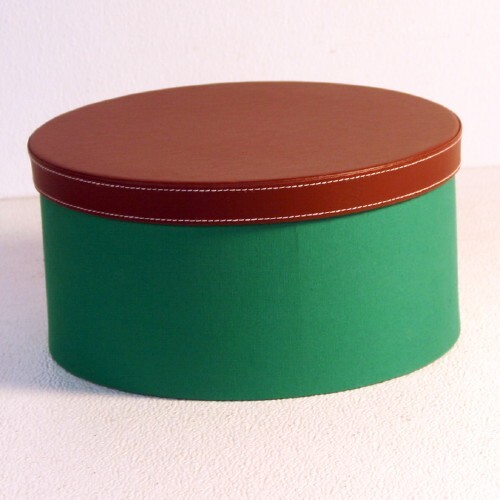 Gift Boxes 10 inch Round Green Burlap With Brown Leatherette Lid gallery