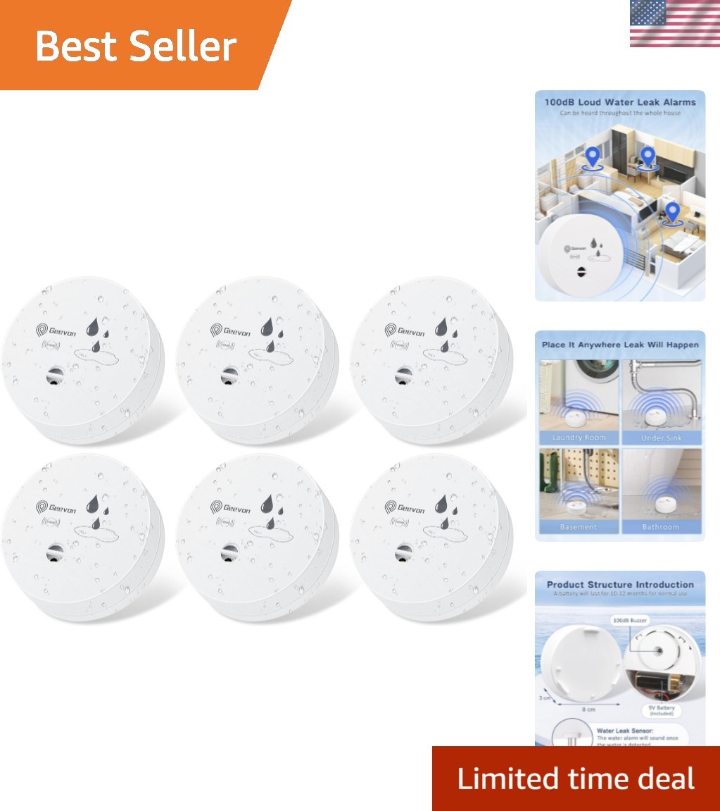 100dB Water Leak Detector Alarm - 6 Pack Battery-Operated Sensors Included gallery