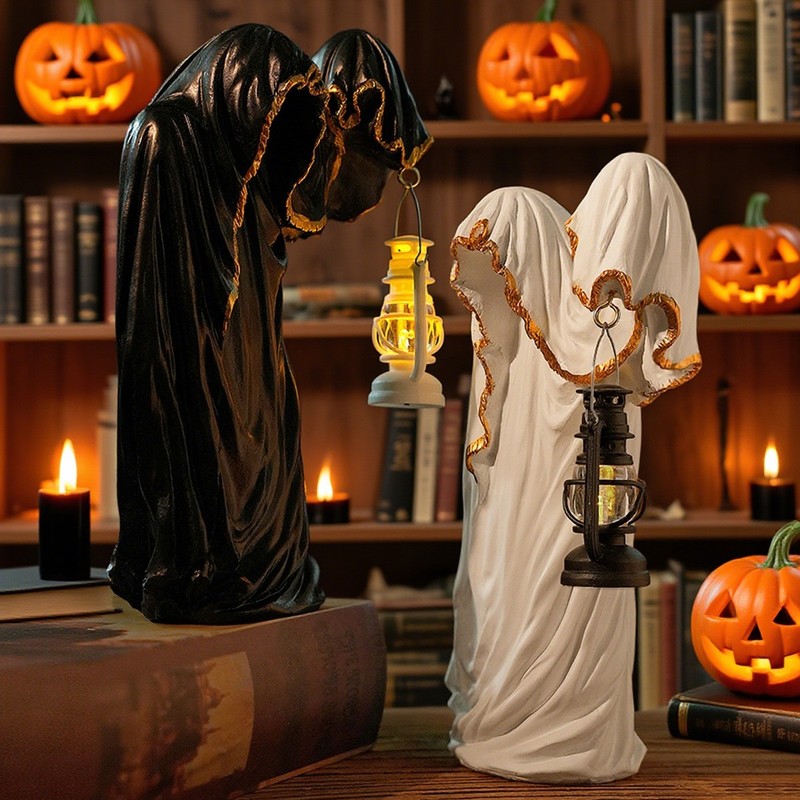 Halloween Cracker Barrel Ghost Witch Messenger w/ Lantern Ghost Statue Ornament gallery