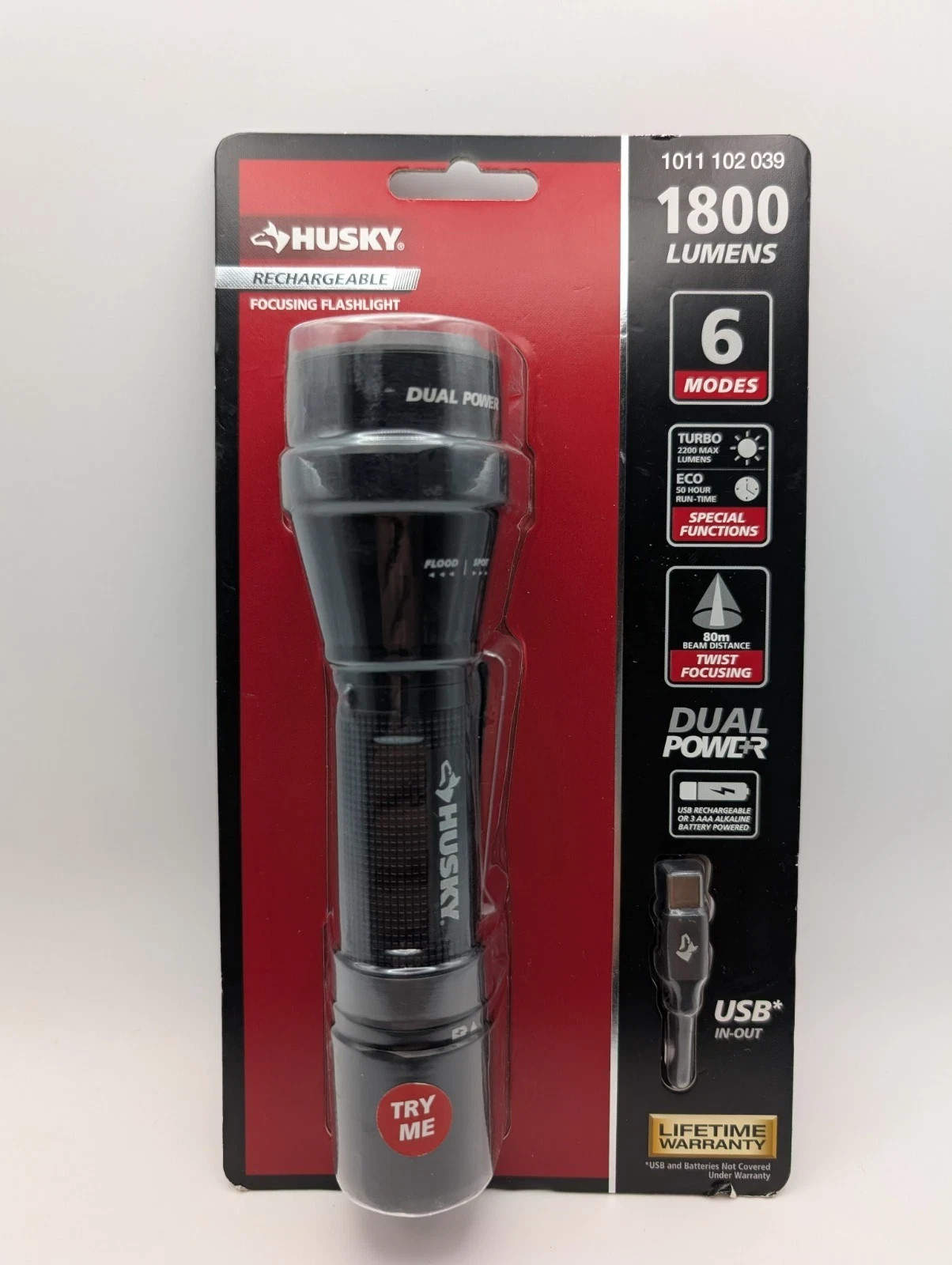 Husky 1800 Lumen Rechargeable LED Flashlight USB Dual Power 6 Modes NEW gallery