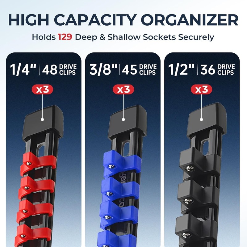 6 Pcs Socket Holder Organizer Mountable Sliding Rail Rack 86 slot 14 Inch ABS gallery