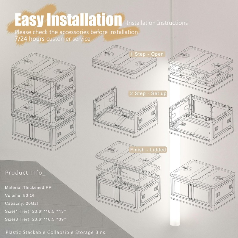 Stackable Storage Bins with Doors - 3 Tier 80Qt Each Plastic Collapsible Stor... gallery