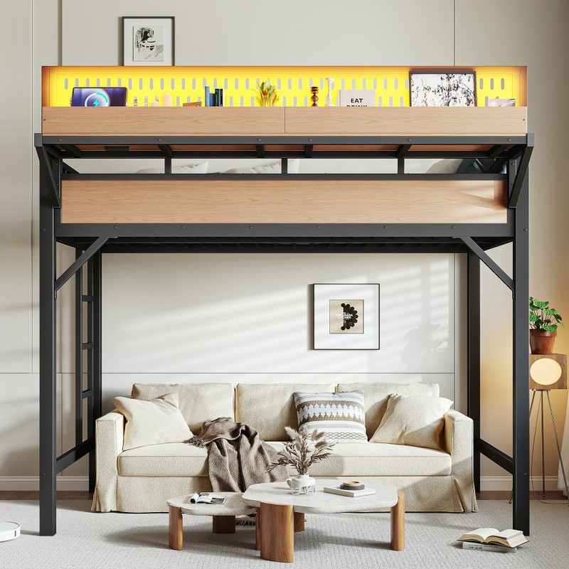 Full Queen Size Loft Bed w/Storage Stairs,Metal Loft Bed Frame w/ Storage Shelve gallery