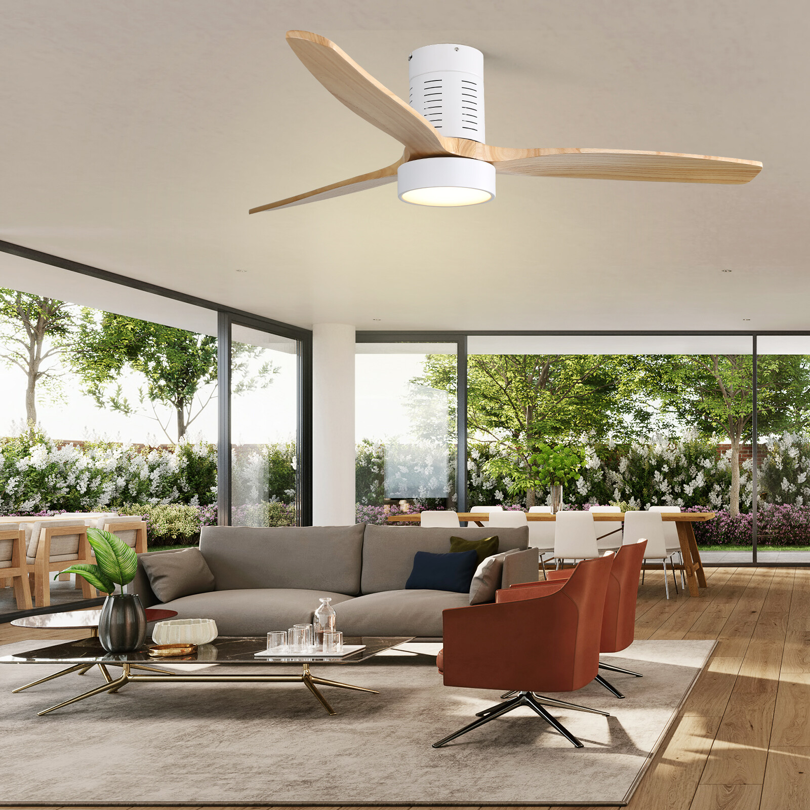 52'' Flush Mount Ceiling Fan with Lights Remote Control Wood Blade Reversible DC gallery