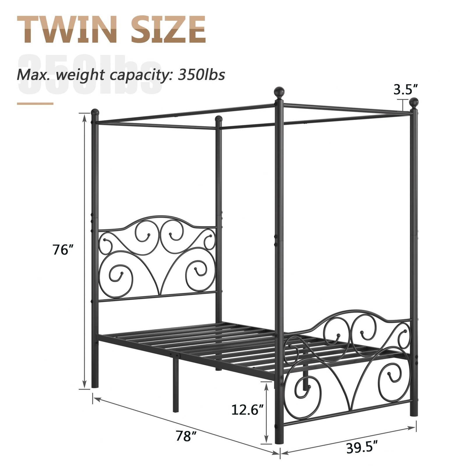 Metal Canopy Bed Frame Twin Size 4 Posters Platform Black Heavy Duty VECELO gallery