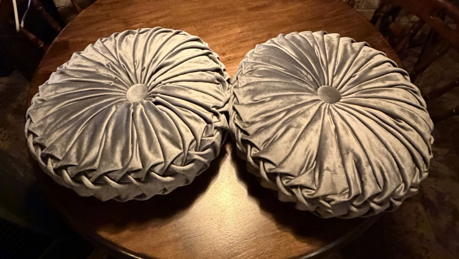 2 Round Velvet Pintuck Throw Pillows MCM Atomic Hollywood Glam Grey gallery
