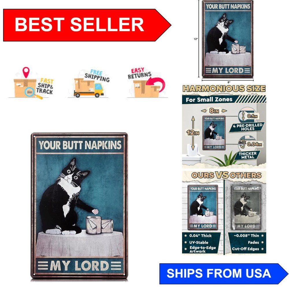 Durable Cat Themed Wall Plaque - “Your Napkin My Lord” Rustic Bathroom Decor