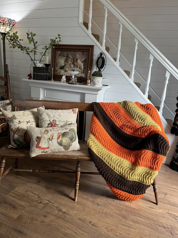 Vtg Crocheted Afghan Throw Blanket Fall Halloween Orange Yellow Brown 78x82 gallery