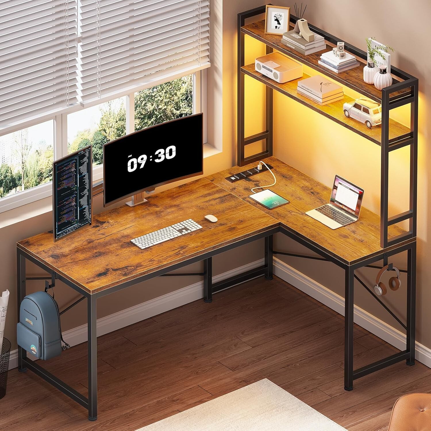 L Shaped Computer Desk with Hutch and LED Lights, Reversible Home Office Desk gallery
