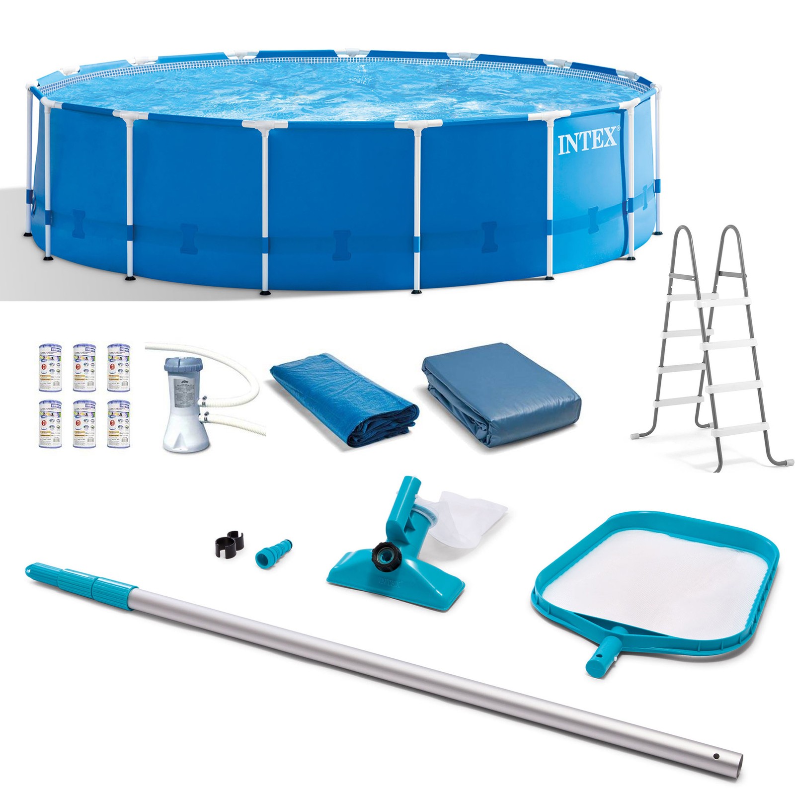 Intex Metal Frame 15' x 48" Round Above Ground Swimming Pool and Maintenance Kit gallery