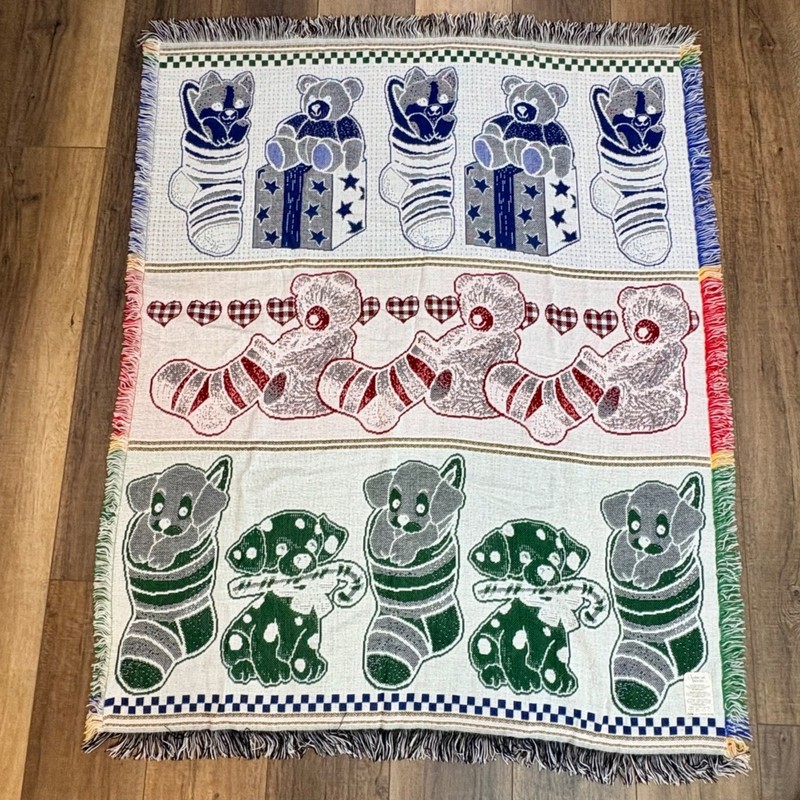American Weavers Throw Blanket Tapestry Puppy Teddy Stockings USA Holiday VTG gallery