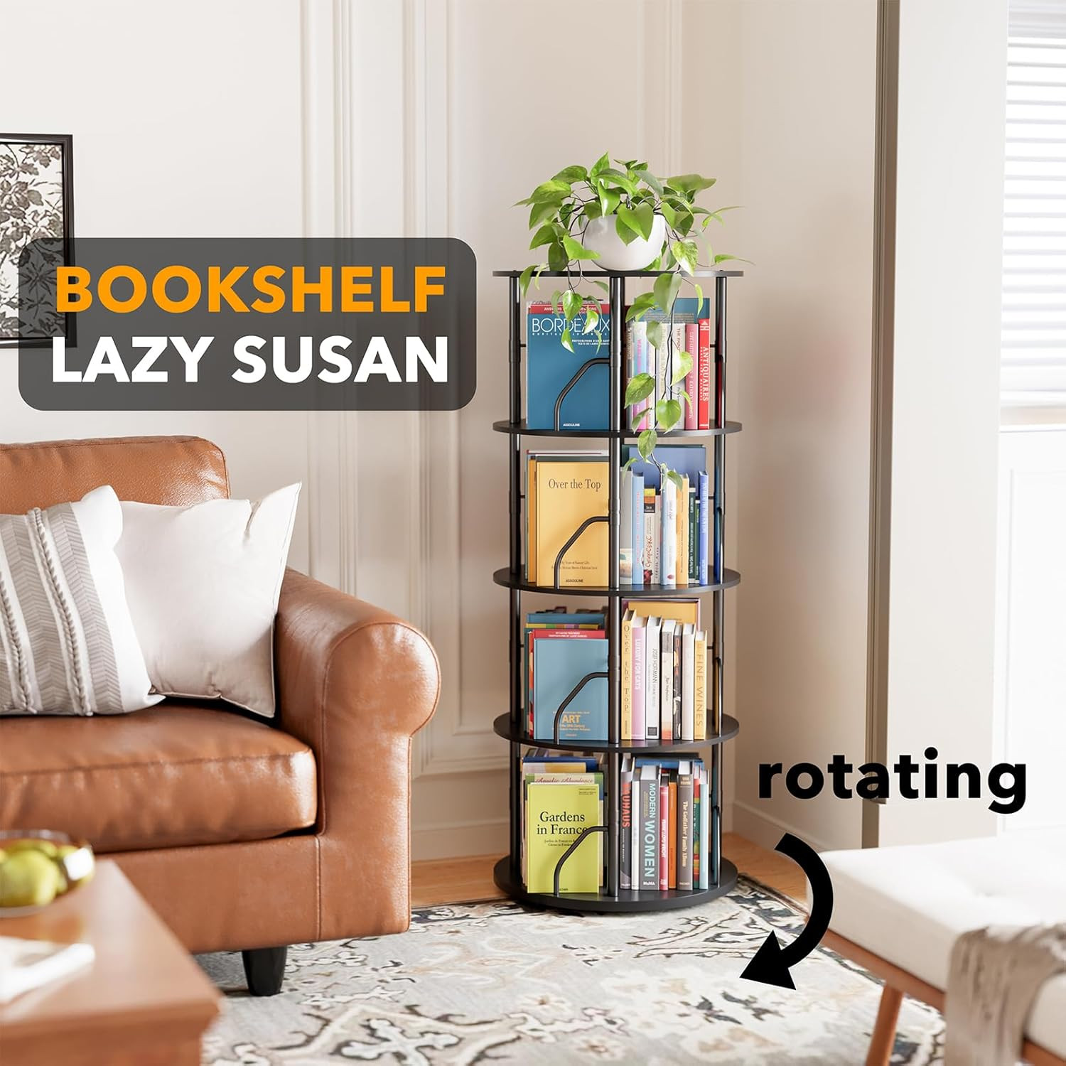 4-Tier Rotating Bookshelf Tower - Space-Saving Swivel Bookcase in Black gallery