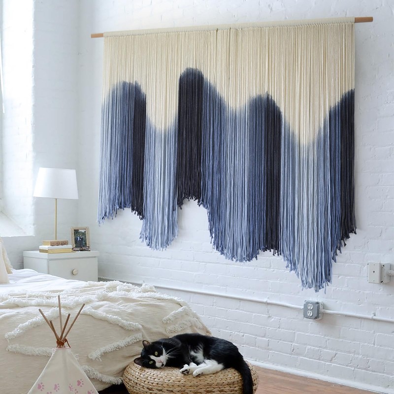 IOWER Macrame Wall Hanging Large Blue Dip Dyed Fiber Art 39"L x 57"W, gallery