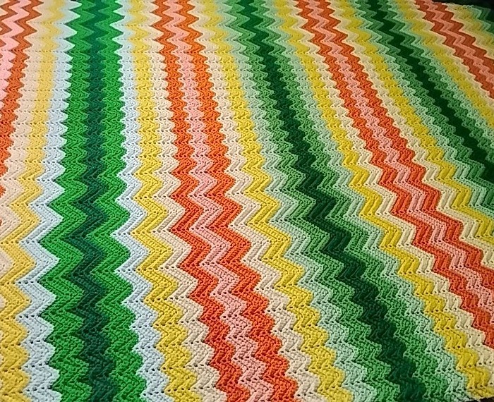 VTG Handmade Crochet Blanket Fall/Bob Marley Color 74x80 Chevron Zig Zag Pattern gallery